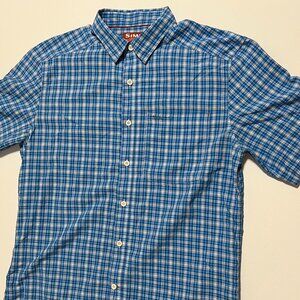 Simms Fishing Shirt Short Sleeve Button Up Lightweight Blue Men's size Large
